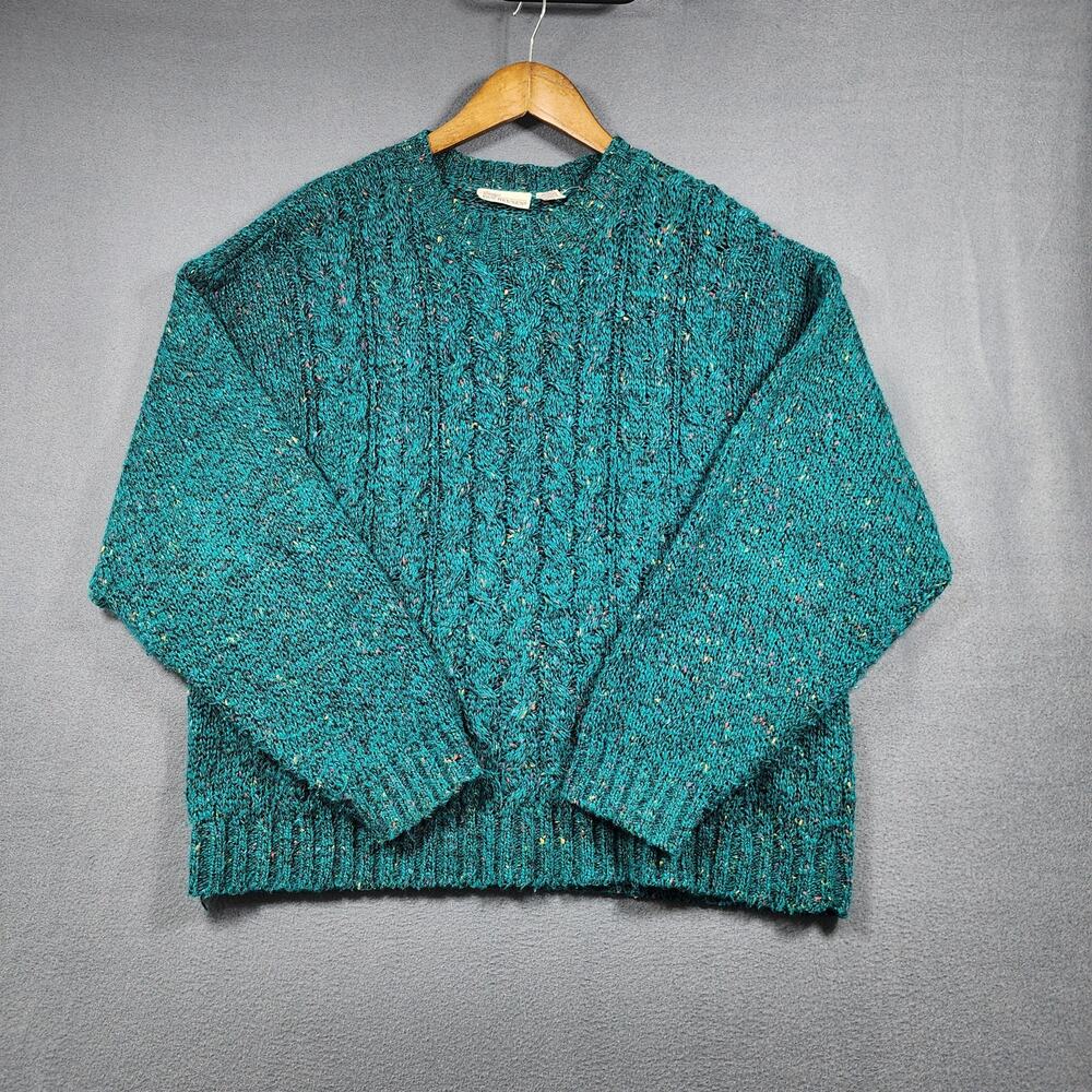 Vtg Womens Sweater XL Confetti Teal Lady Van Heusen Cable Knit Crewneck 70s 80s